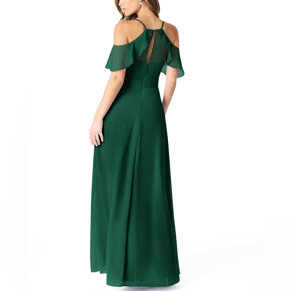 Azazie Dakota Emerald A-line V-neck pleated chiffon dress Cold Shoulder - Picture 4 of 7